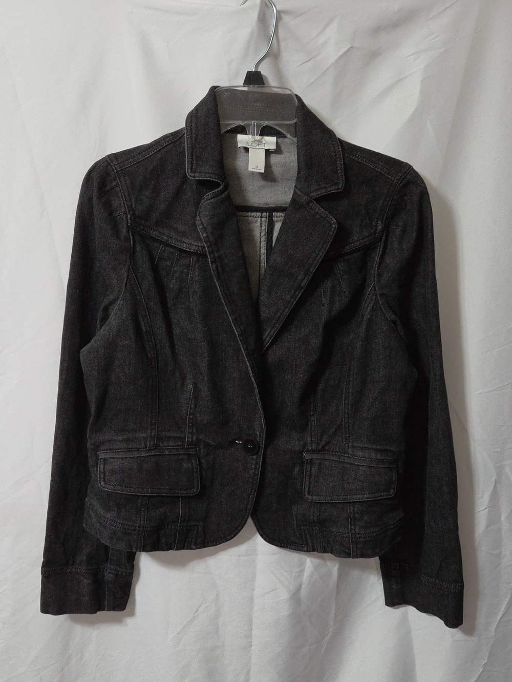 Dark Gray/Black Denim Blazer Jacket with Flap Pockets, Button Closure, Size 12